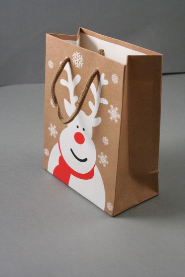 Natural Brown Paper Gift Bag with White Reindeer and Snowflake Print, Cord Handle. Size Approx 15cm x 12cm x 6cm.