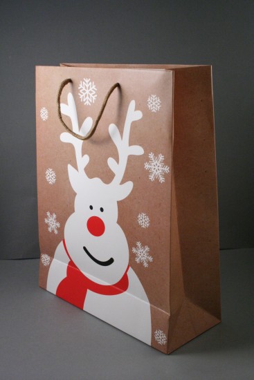 Natural Brown Paper Gift Bag with Reindeer and Snowflake Print, Cord Handle. Size Approx 32cm x 26cm x 10cm.